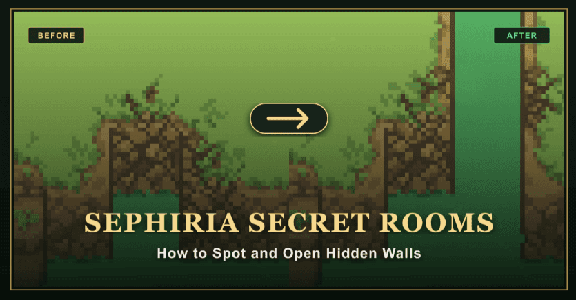 Sephiria Secret Rooms guide cover showing a hidden wall opening before and after