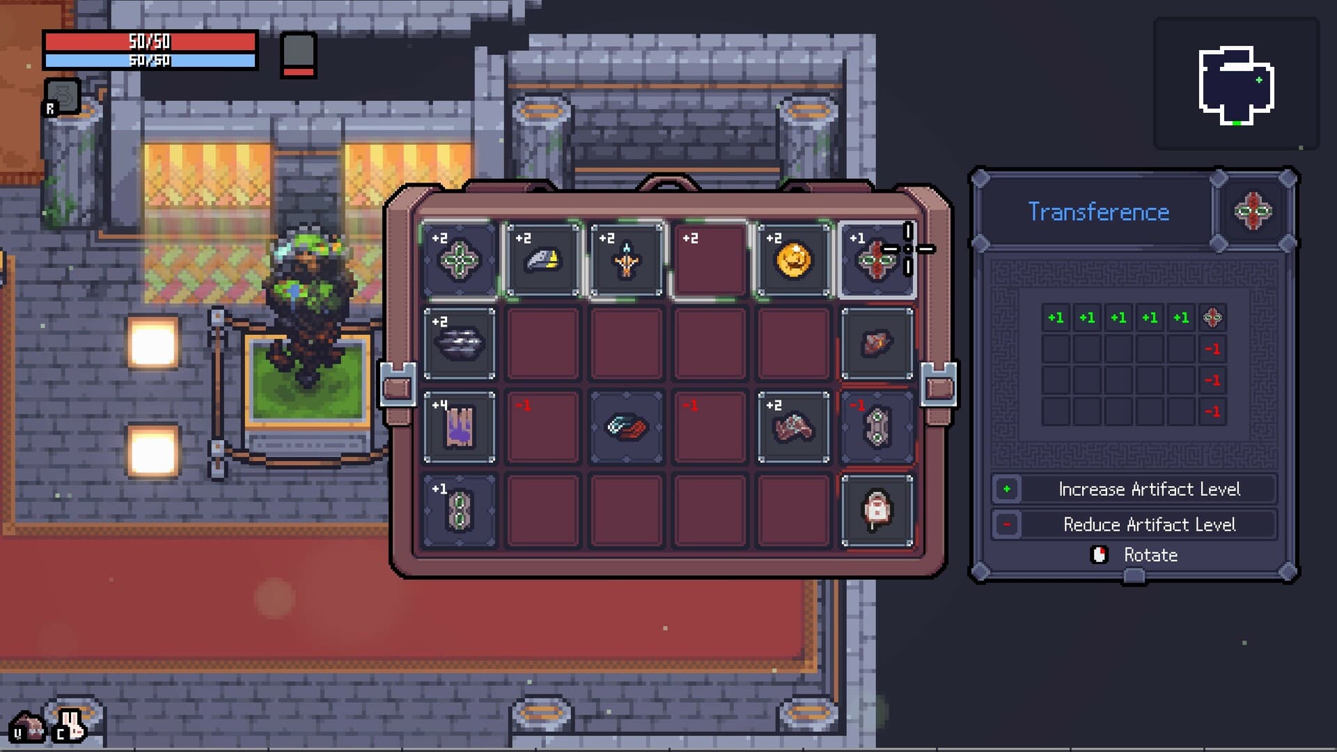 Sephiria inventory interface showing artifact placement and tablet transfer options