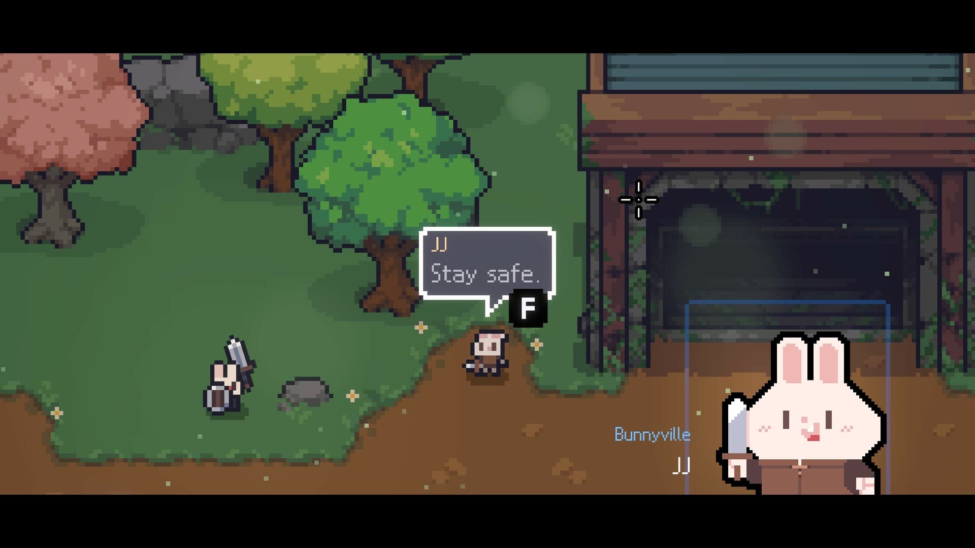 Sephiria rabbit character standing beside a Bunnyville building